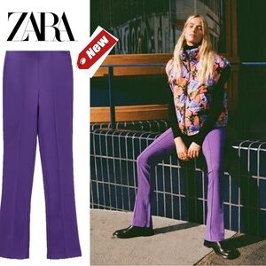 Zara grape purple stretchy high waist flared zipper ankle hem trouser pants NWT